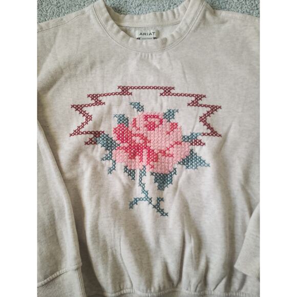 Ariat Beige Floral Cross-Stitch Sweatshirt Western Rose Crew Pullover  Large - Picture 2 of 4